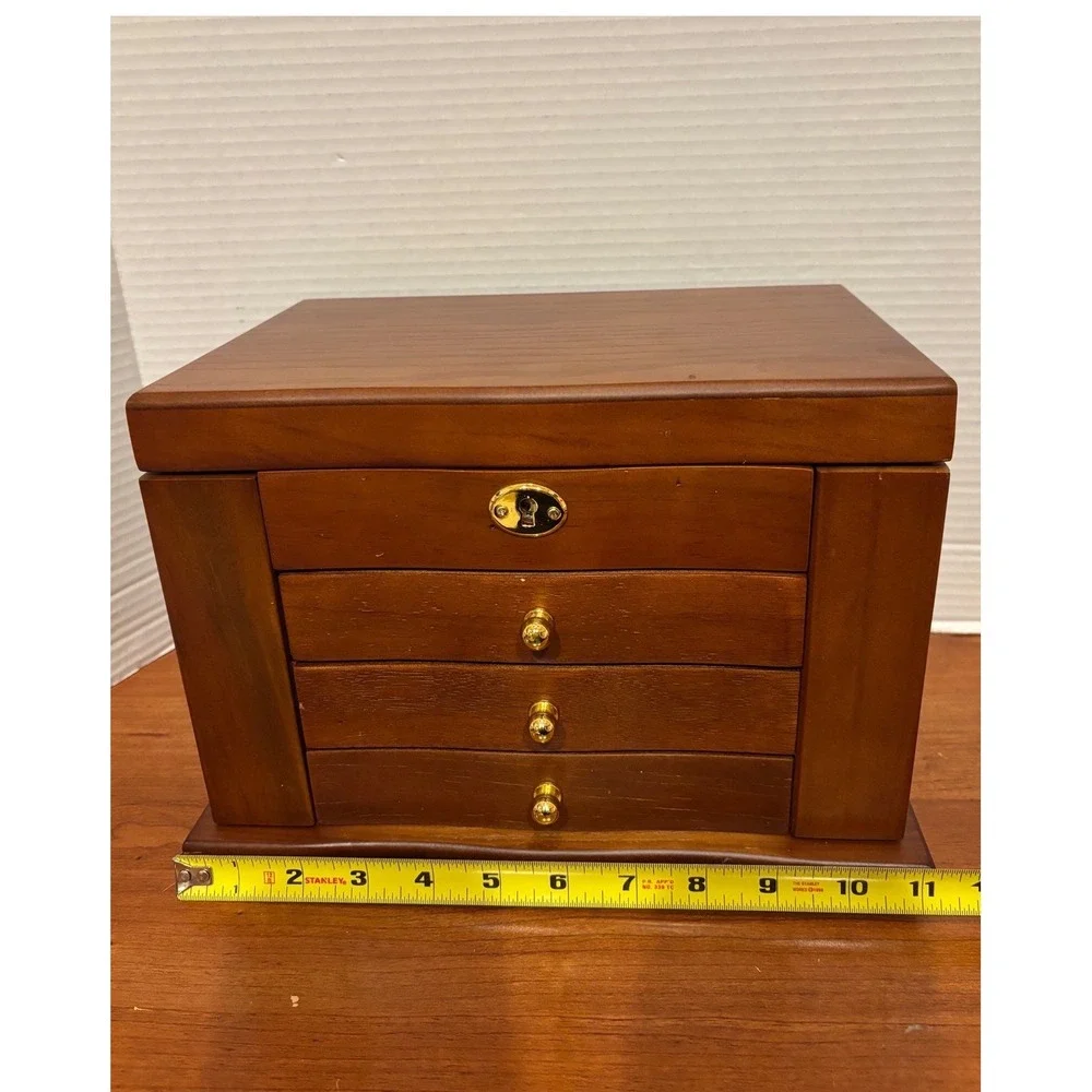 Kendal Wooden Jewelry Box Organizer Cherry Finish Mirror Lock 3 Drawers WJC03HT